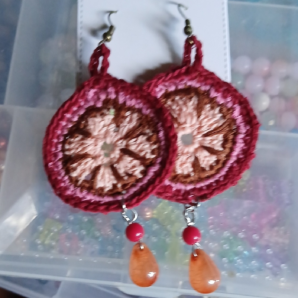 Handmade Pink, Red and Orange Crochet Dangle Earrings